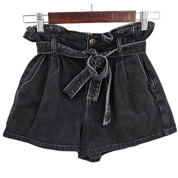 American Eagle AE Paperbag Mom Shorts Sz 4 Black High Rise Tie Belt Button Fly - Picture 2 of 11